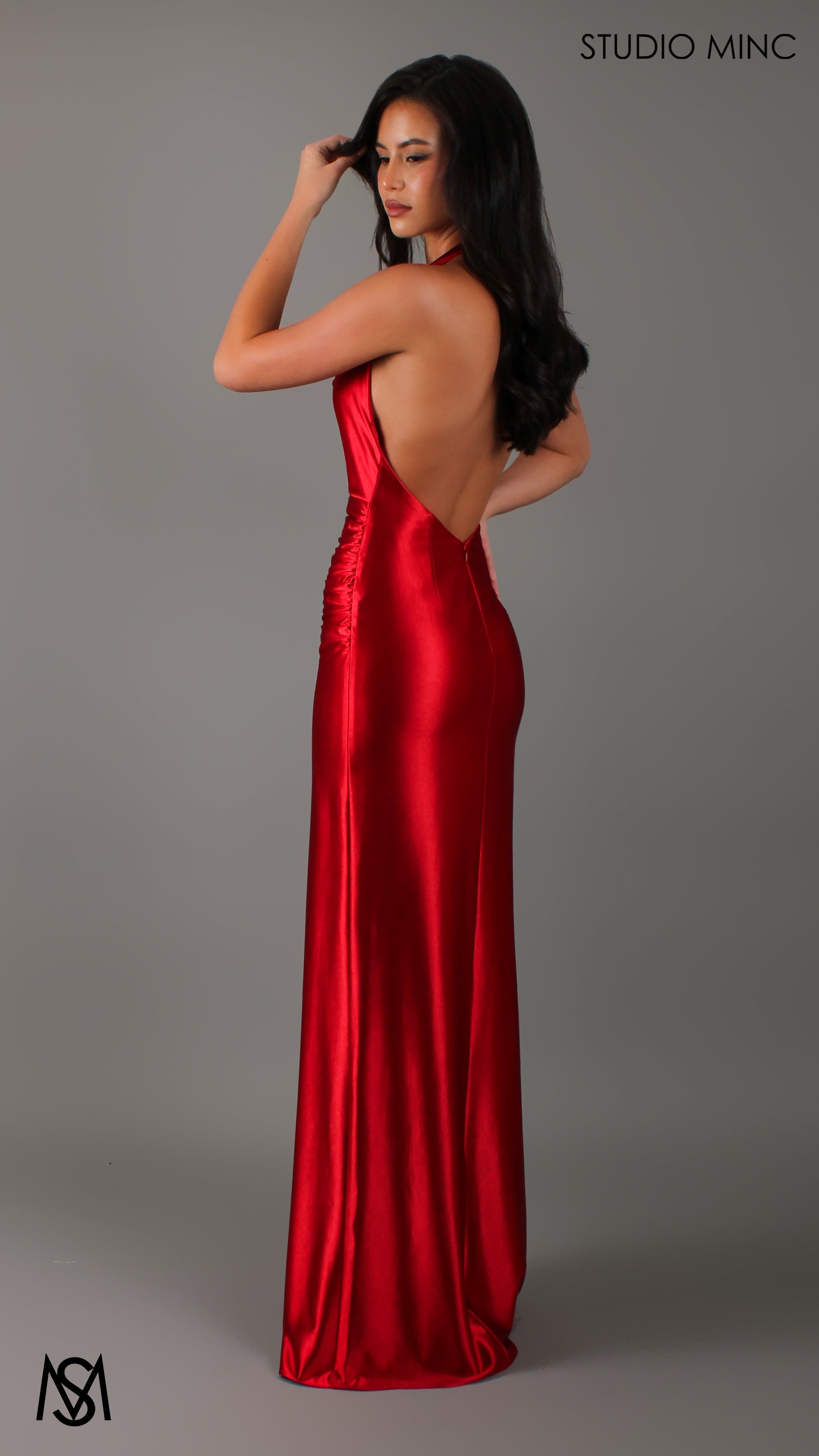 Suave - Red Formal Dress, Halter Neck Cowl fitted backless leg slit with scarf