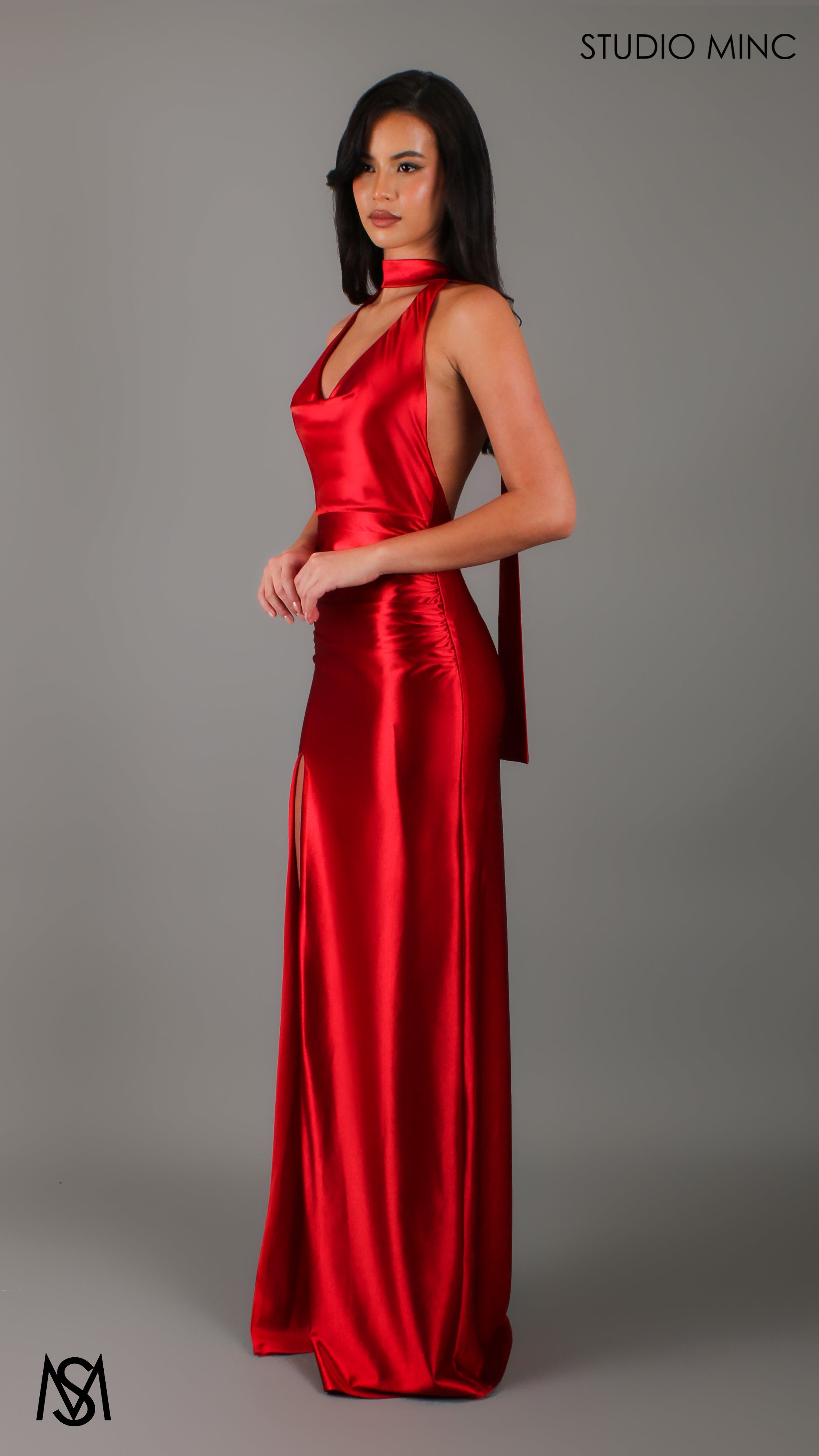 Suave - Red Formal Dress, Halter Neck Cowl fitted backless leg slit with scarf