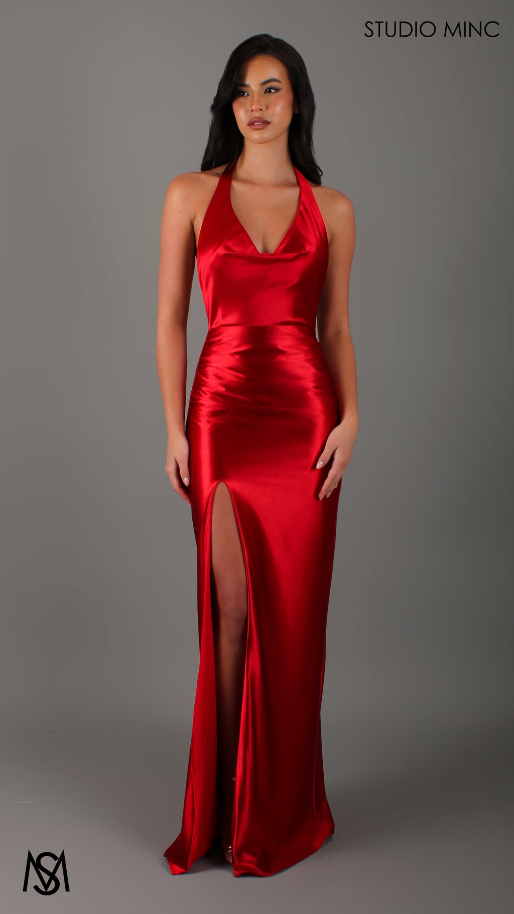 Suave - Red Formal Dress, Halter Neck Cowl fitted backless leg slit with scarf