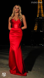Verite - Red Formal Dress, Strapless Corset Beaded Bra Cups, fitted satin draped skirt