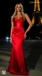 Verite - Red Formal Dress, Strapless Corset Beaded Bra Cups, fitted satin draped skirt