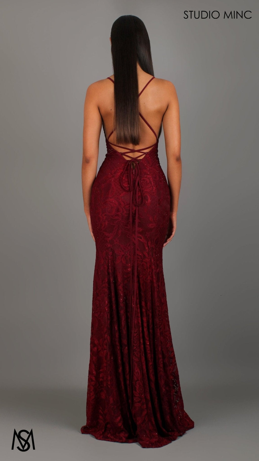 Jasmine - Maroon Red formal dress | lace V neckline fitted mermaid lace up