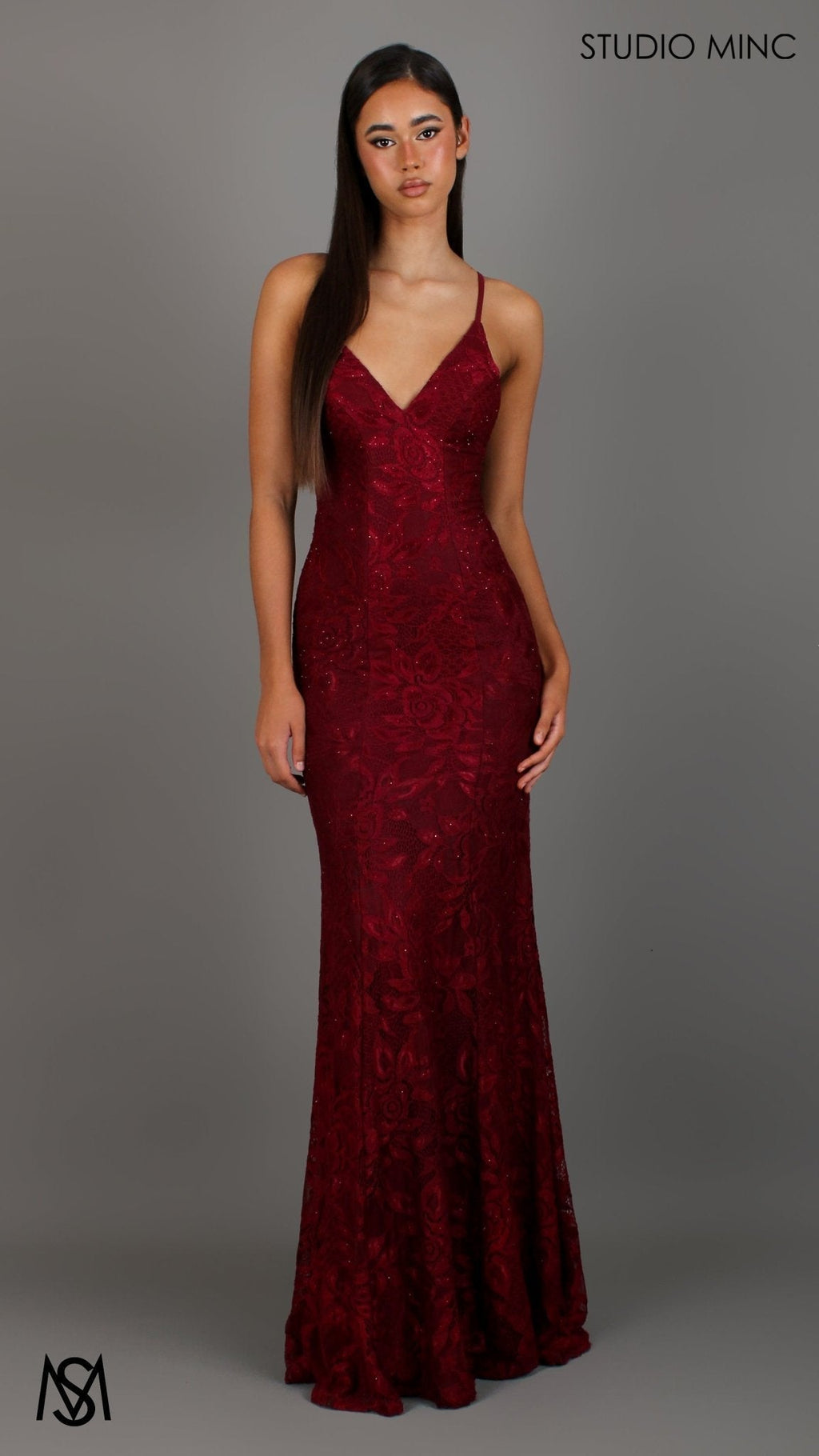 Jasmine - Maroon Red formal dress | lace V neckline fitted mermaid lace up