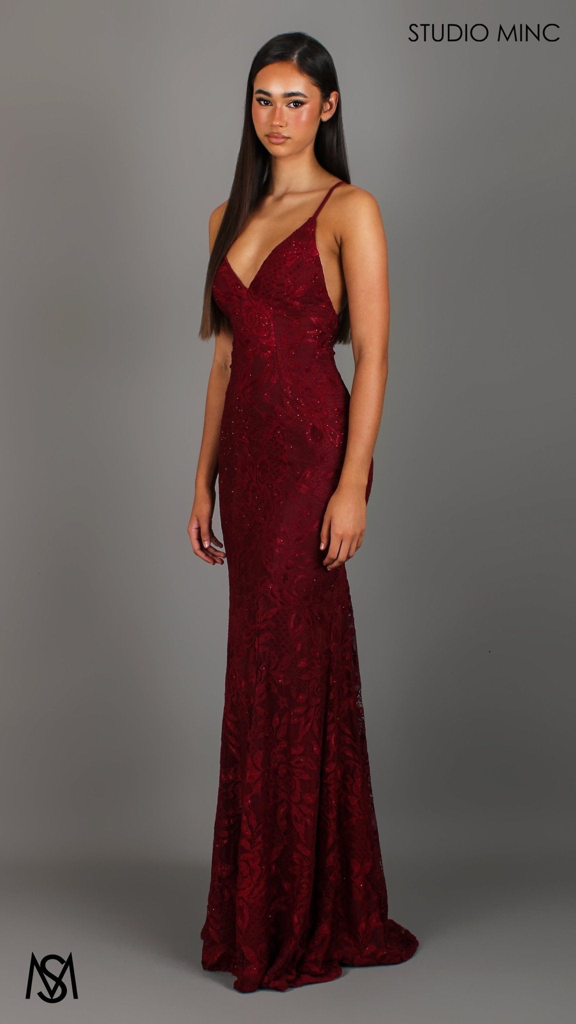 Jasmine - Maroon Red formal dress | lace V neckline fitted mermaid lace up