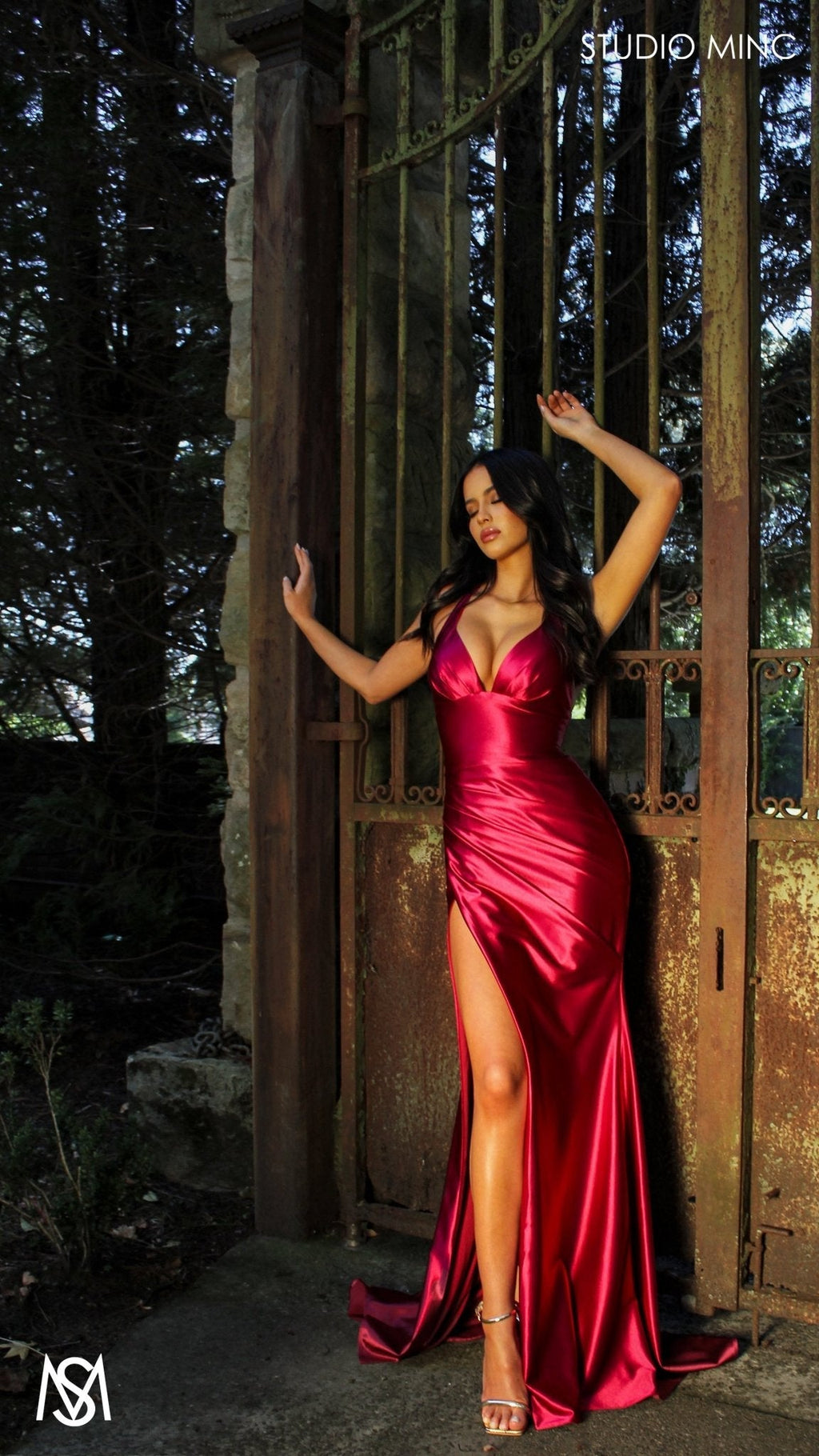 Classic - Ruby Red formal dress | Satin V neckline, backless Fitted Mermaid Gown with Slit