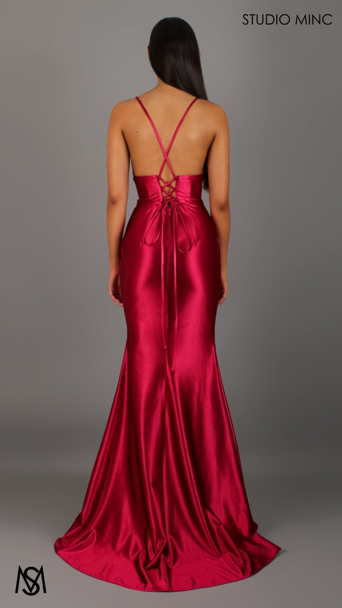 Classic - Ruby Red formal dress | Satin V neckline, backless Fitted Mermaid Gown with Slit