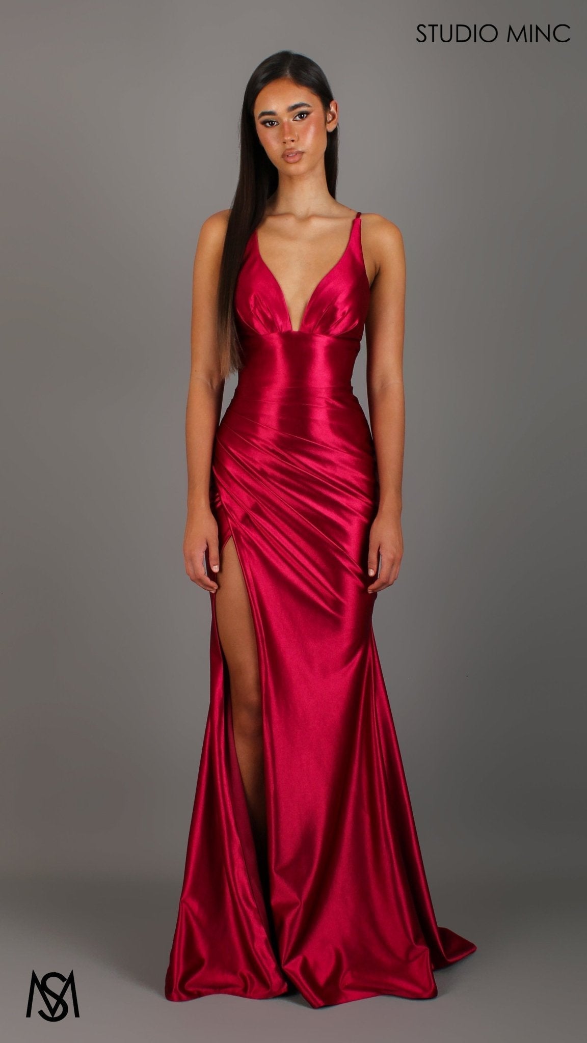 Classic - Ruby Red formal dress | Satin V neckline, backless Fitted Mermaid Gown with Slit