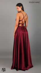Eden - Burgundy Red formal dress | Floral V neckline, backless, A-line Satin Gown with Pockets