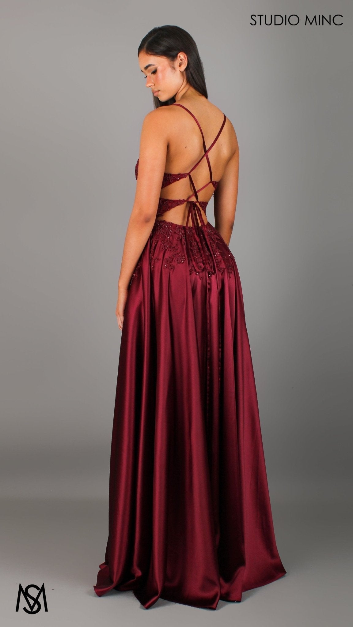 Eden - Burgundy Red formal dress | Floral V neckline, backless, A-line Satin Gown with Pockets