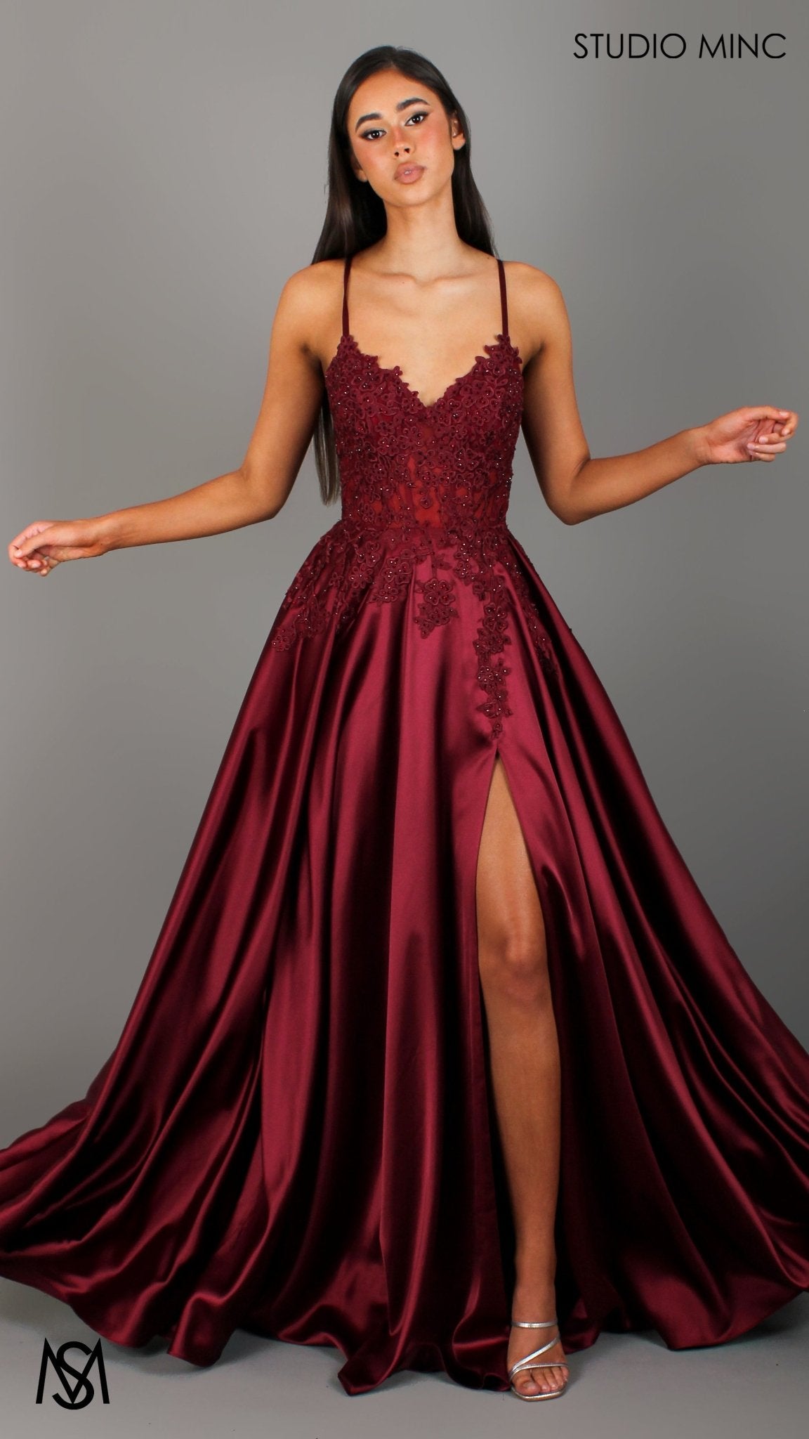 Eden - Burgundy Red formal dress | Floral V neckline, backless, A-line Satin Gown with Pockets