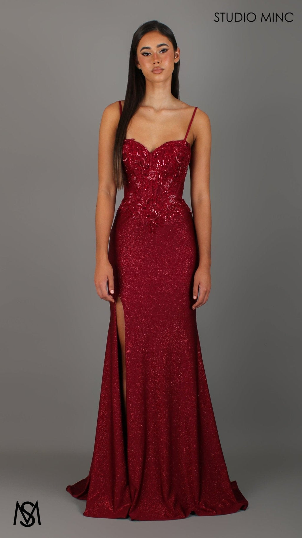 Imperial - Deep Red Formal Dress, Beaded corset Strapless fitted mermaid silhouette
