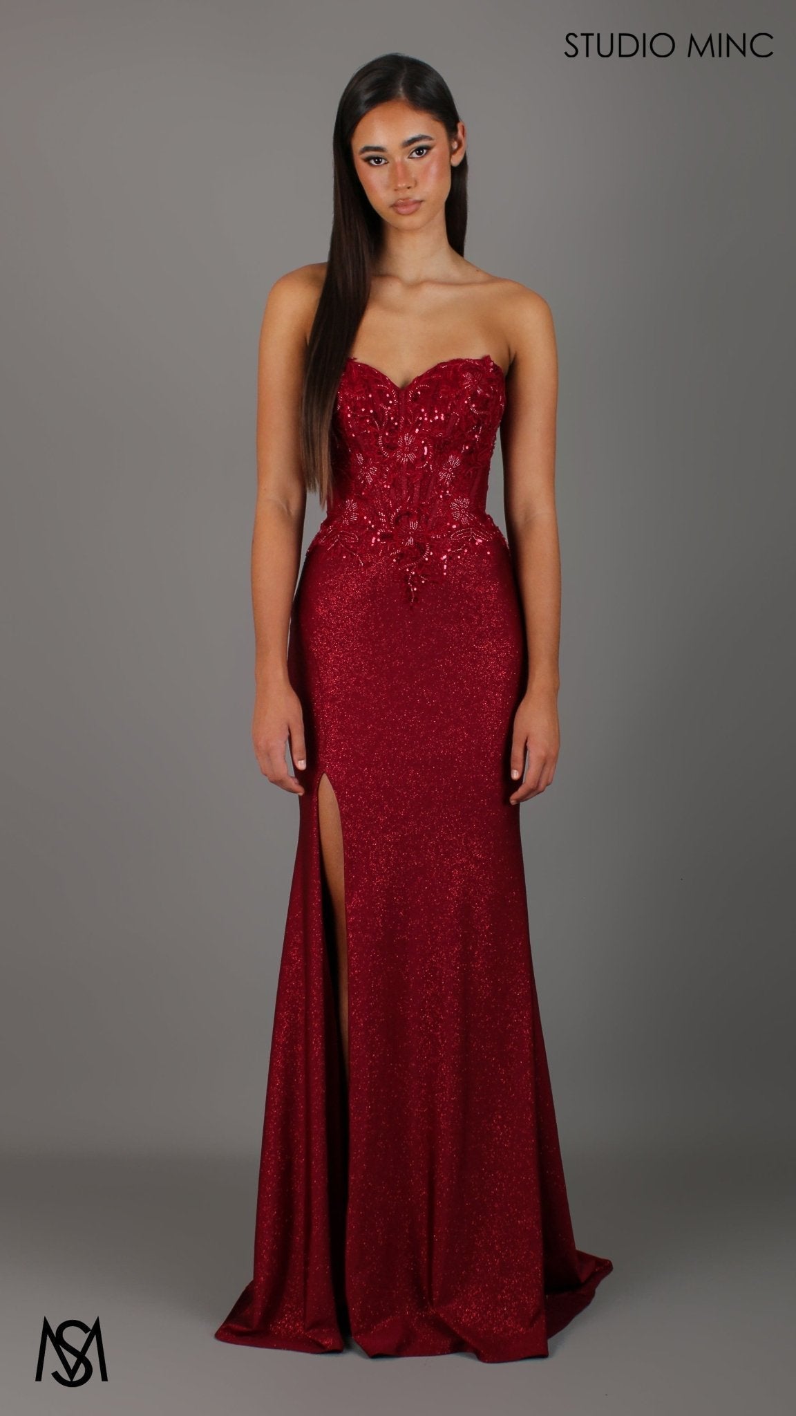 Imperial - Deep Red Formal Dress, Beaded corset Strapless fitted mermaid silhouette