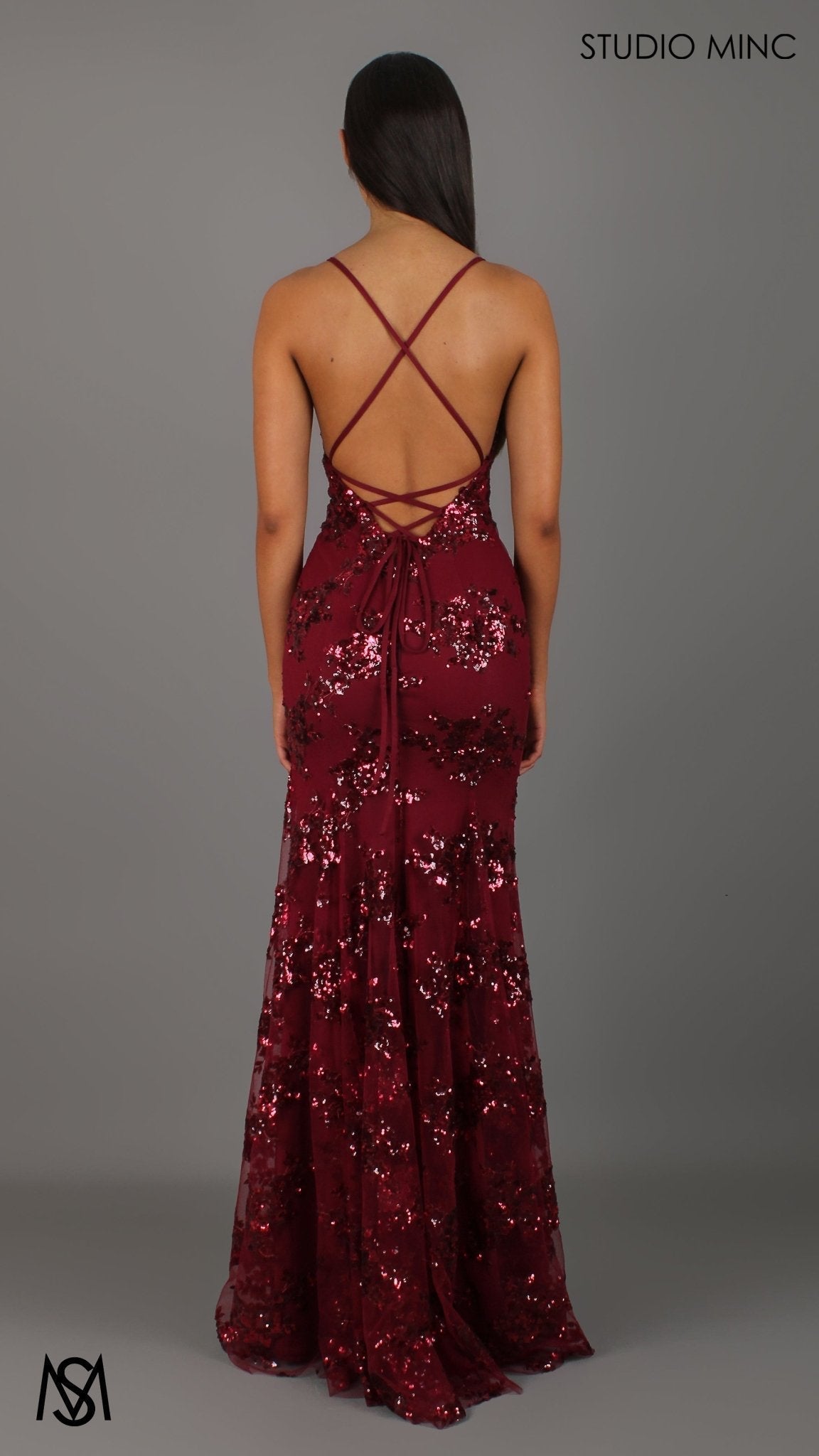 Poetry - Cherry Red formal dress | Sequin Floral V neckline fitted backless mermaid lace up