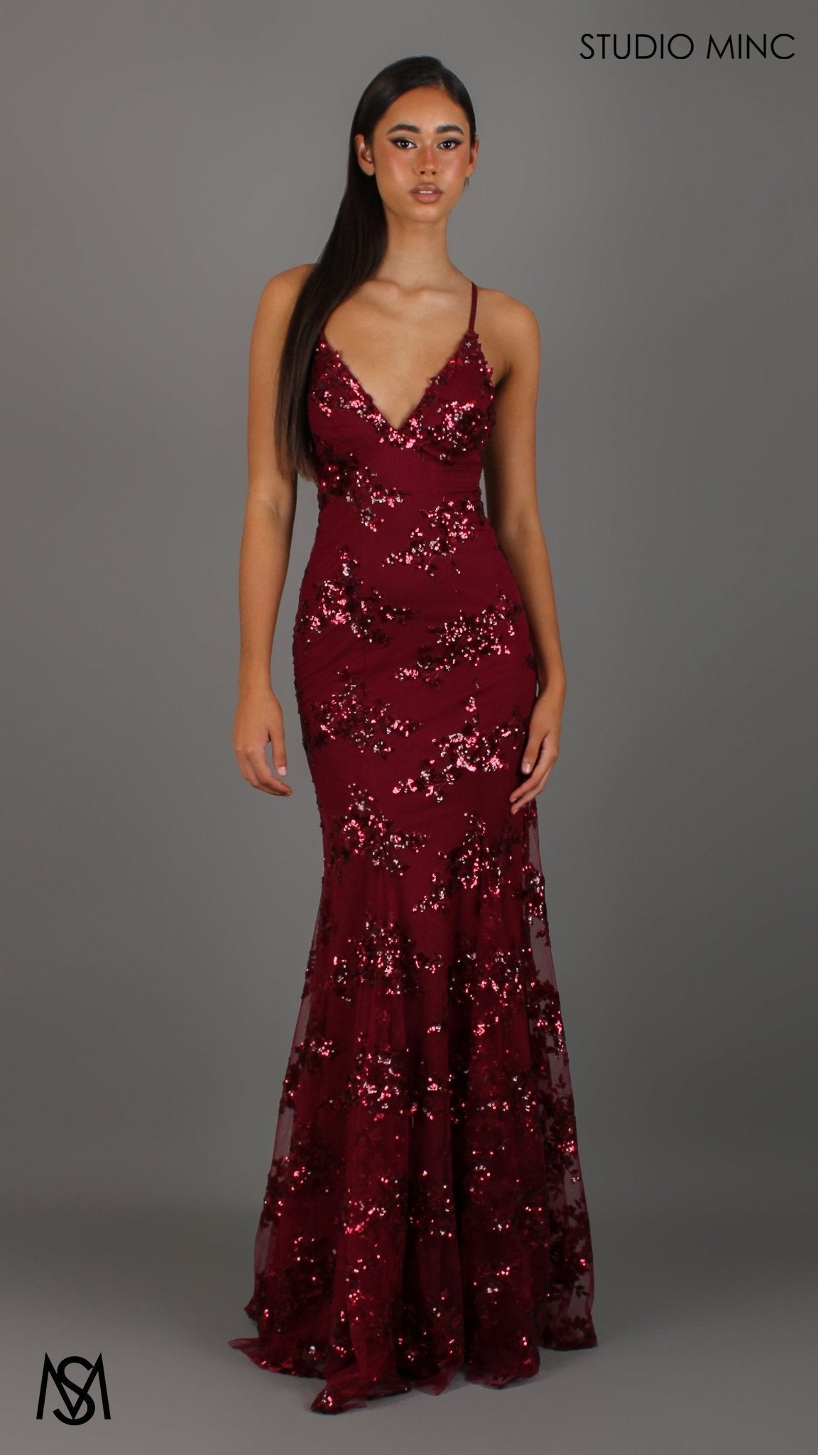Poetry - Cherry Red formal dress | Sequin Floral V neckline fitted backless mermaid lace up