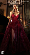 Stardust - Deep Red formal dress | Glitter V neckline, backless, A-line Sparkle Gown