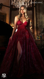 Stardust - Deep Red formal dress | Glitter V neckline, backless, A-line Sparkle Gown