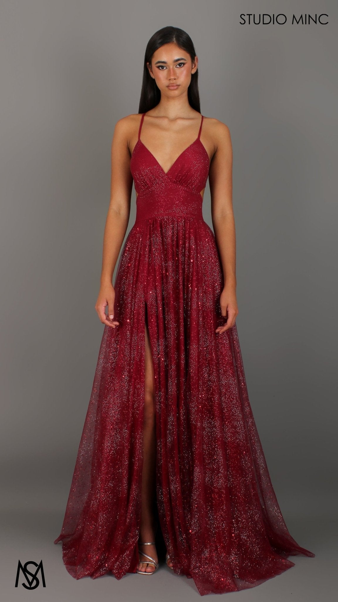 Stardust - Deep Red formal dress | Glitter V neckline, backless, A-line Sparkle Gown