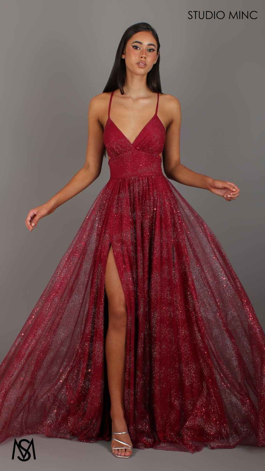 Stardust - Deep Red formal dress | Glitter V neckline, backless, A-line Sparkle Gown