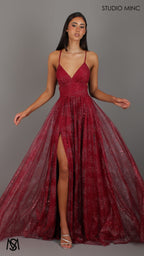 Stardust - Deep Red formal dress | Glitter V neckline, backless, A-line Sparkle Gown