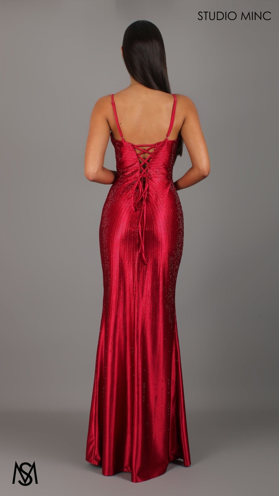 Stellar - Deep Red Formal Dress, Rhinestone V Plunge Neckline Fitted Mermaid Leg Slit