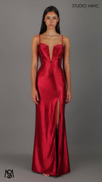 Stellar - Deep Red Formal Dress, Rhinestone V Plunge Neckline Fitted Mermaid Leg Slit