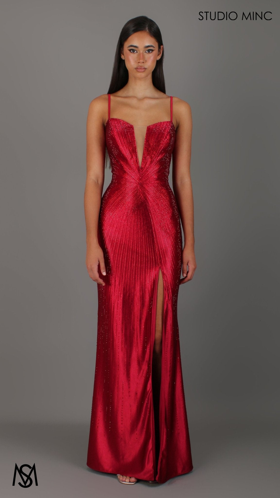 Stellar - Deep Red Formal Dress, Rhinestone V Plunge Neckline Fitted Mermaid Leg Slit