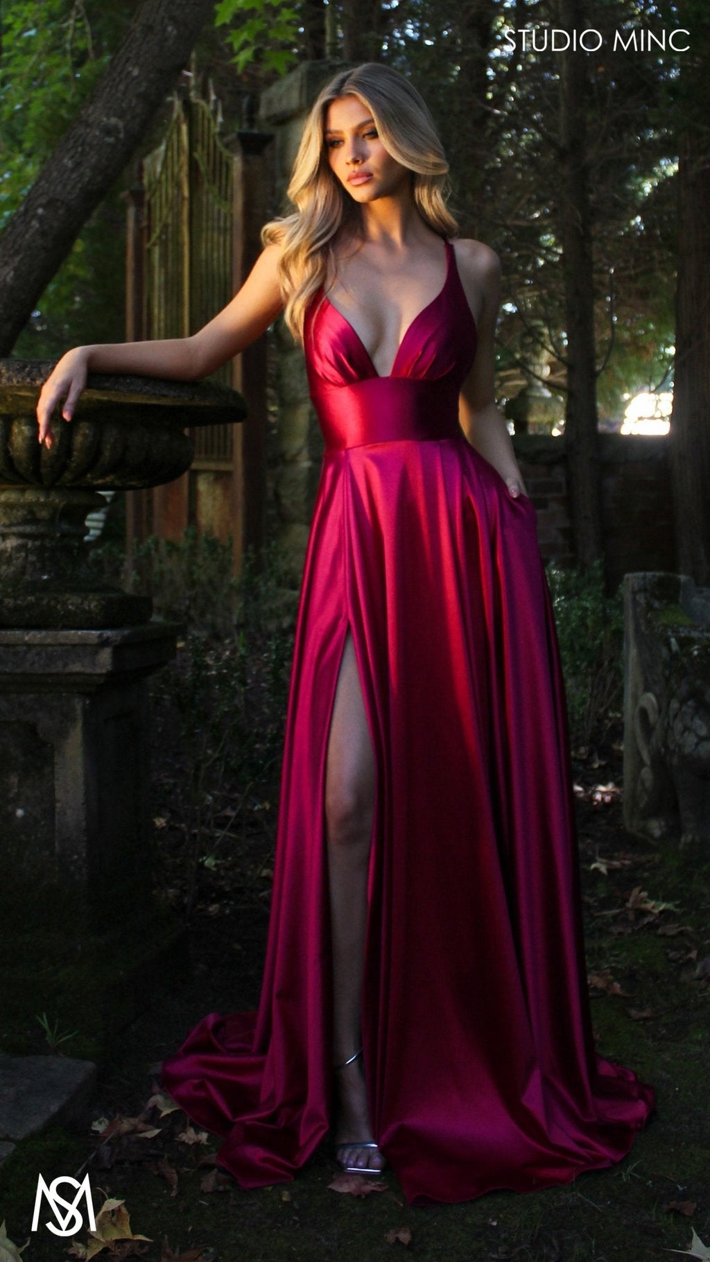 Timeless - Ruby Red formal dress | V neckline, backless A-line Satin Gown with Pockets