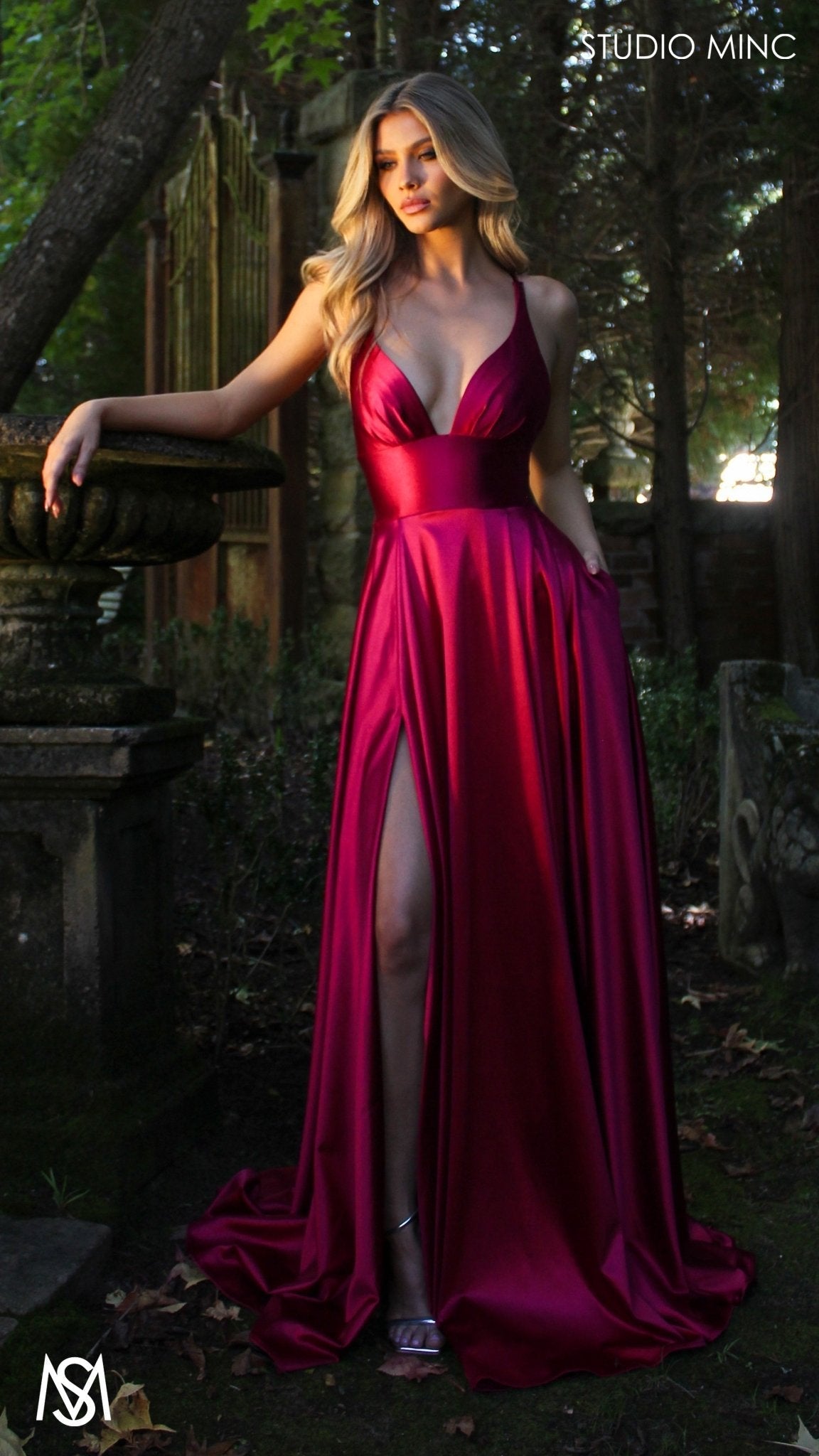 Timeless - Ruby Red formal dress | V neckline, backless A-line Satin Gown with Pockets