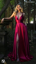 Timeless - Ruby Red formal dress | V neckline, backless A-line Satin Gown with Pockets