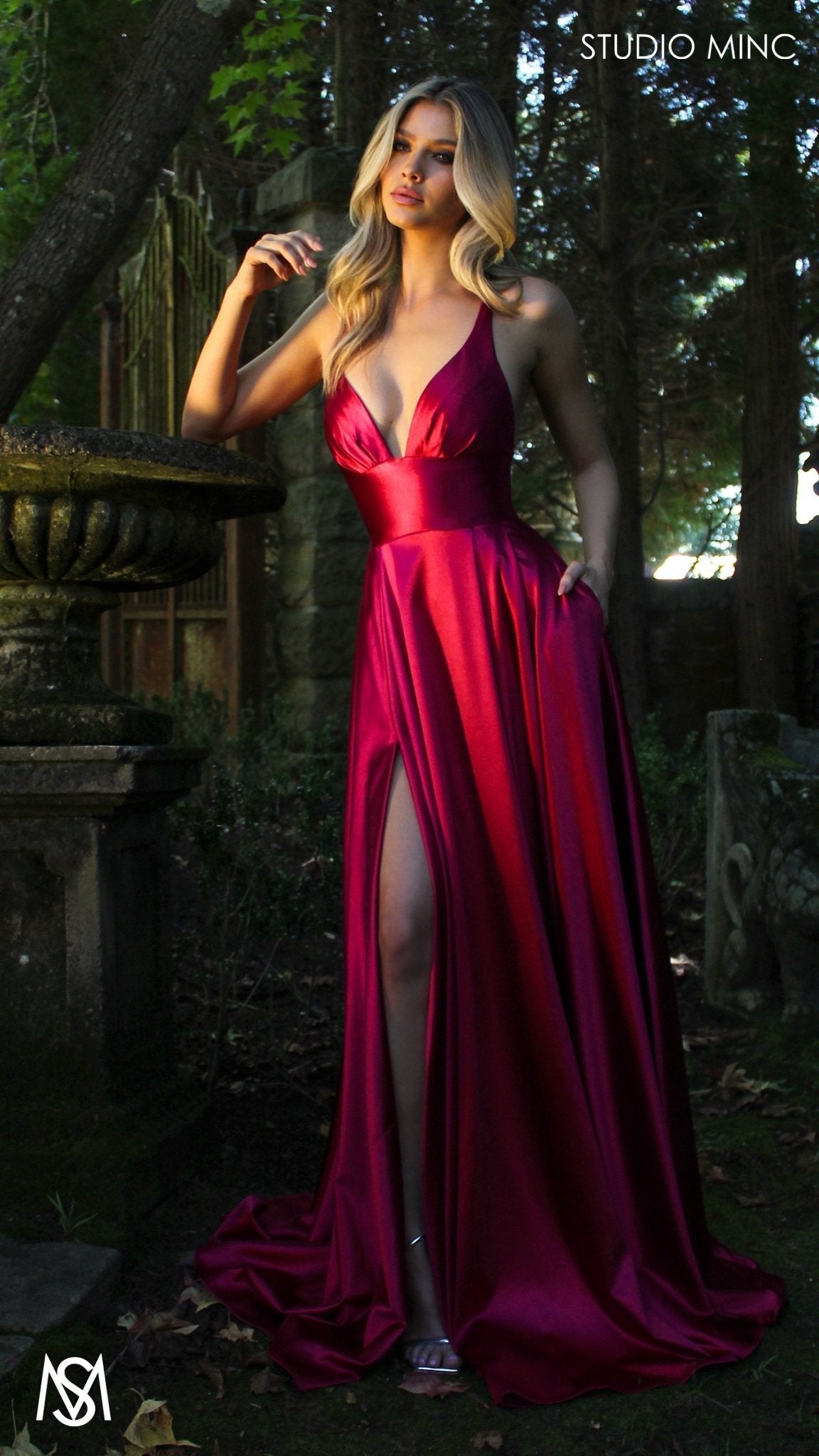 Timeless - Ruby Red formal dress | V neckline, backless A-line Satin Gown with Pockets