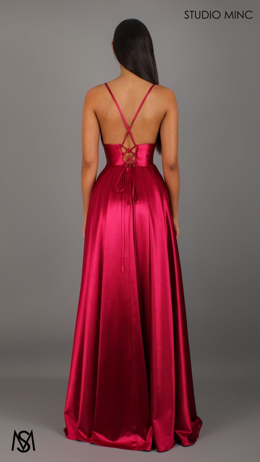 Timeless - Ruby Red formal dress | V neckline, backless A-line Satin Gown with Pockets