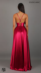 Timeless - Ruby Red formal dress | V neckline, backless A-line Satin Gown with Pockets