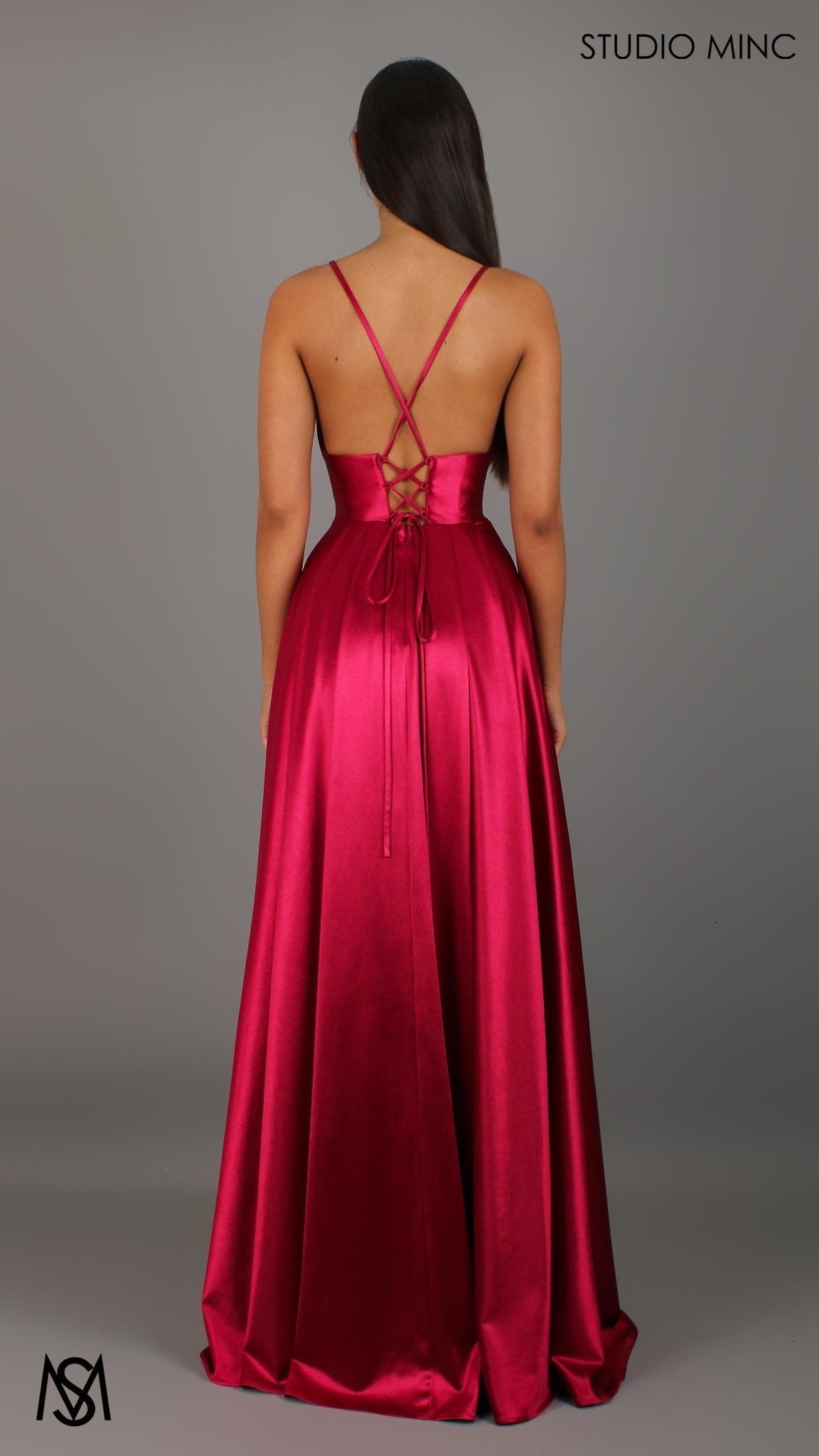 Timeless - Ruby Red formal dress | V neckline, backless A-line Satin Gown with Pockets