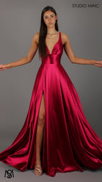 Timeless - Ruby Red formal dress | V neckline, backless A-line Satin Gown with Pockets