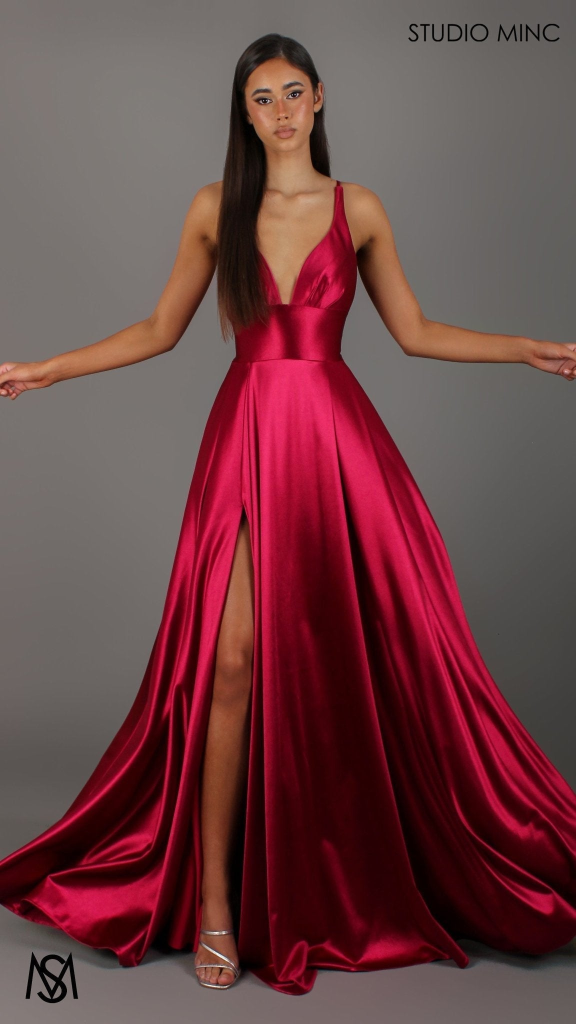 Timeless - Ruby Red formal dress | V neckline, backless A-line Satin Gown with Pockets