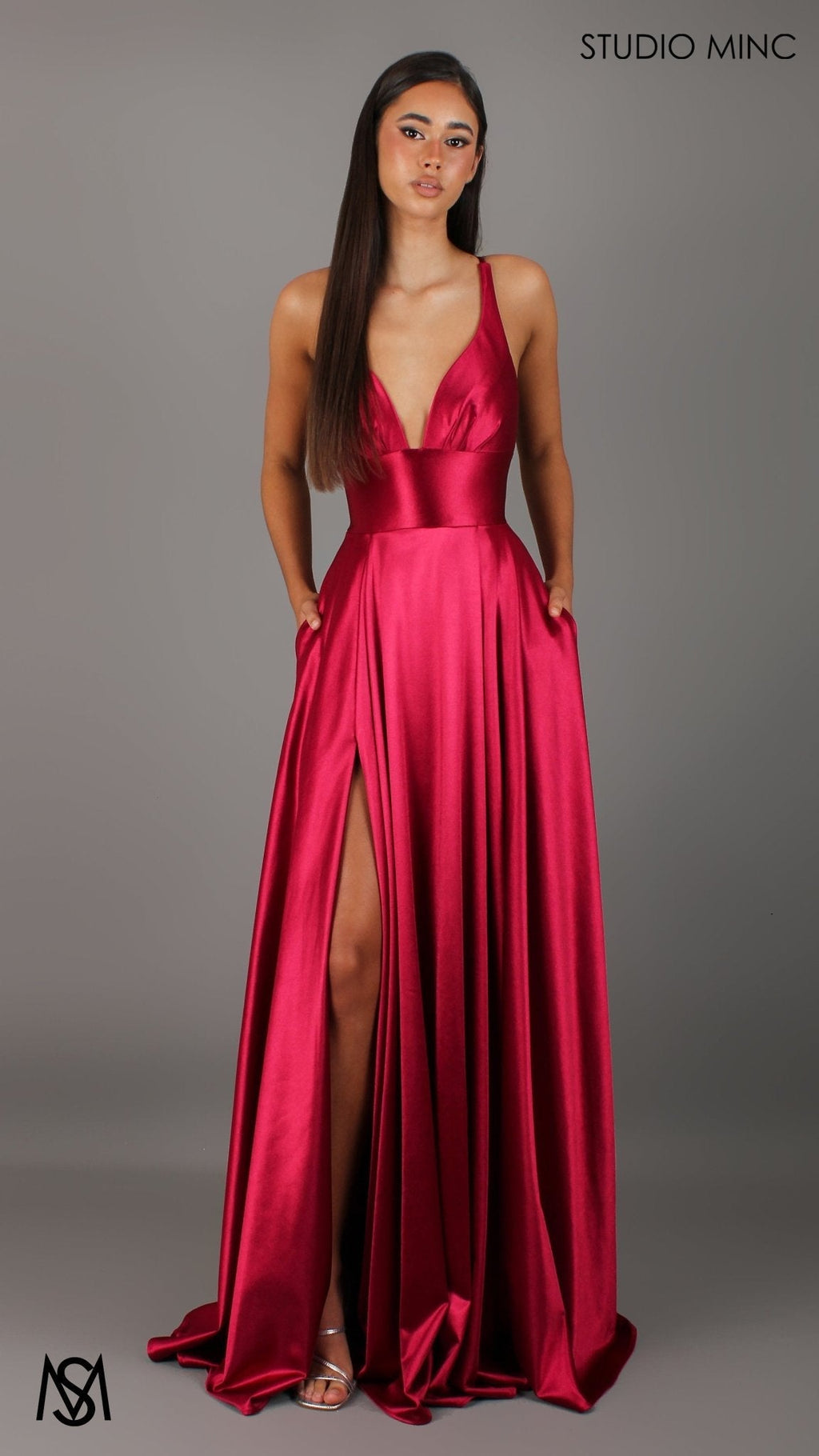 Timeless - Ruby Red formal dress | V neckline, backless A-line Satin Gown with Pockets