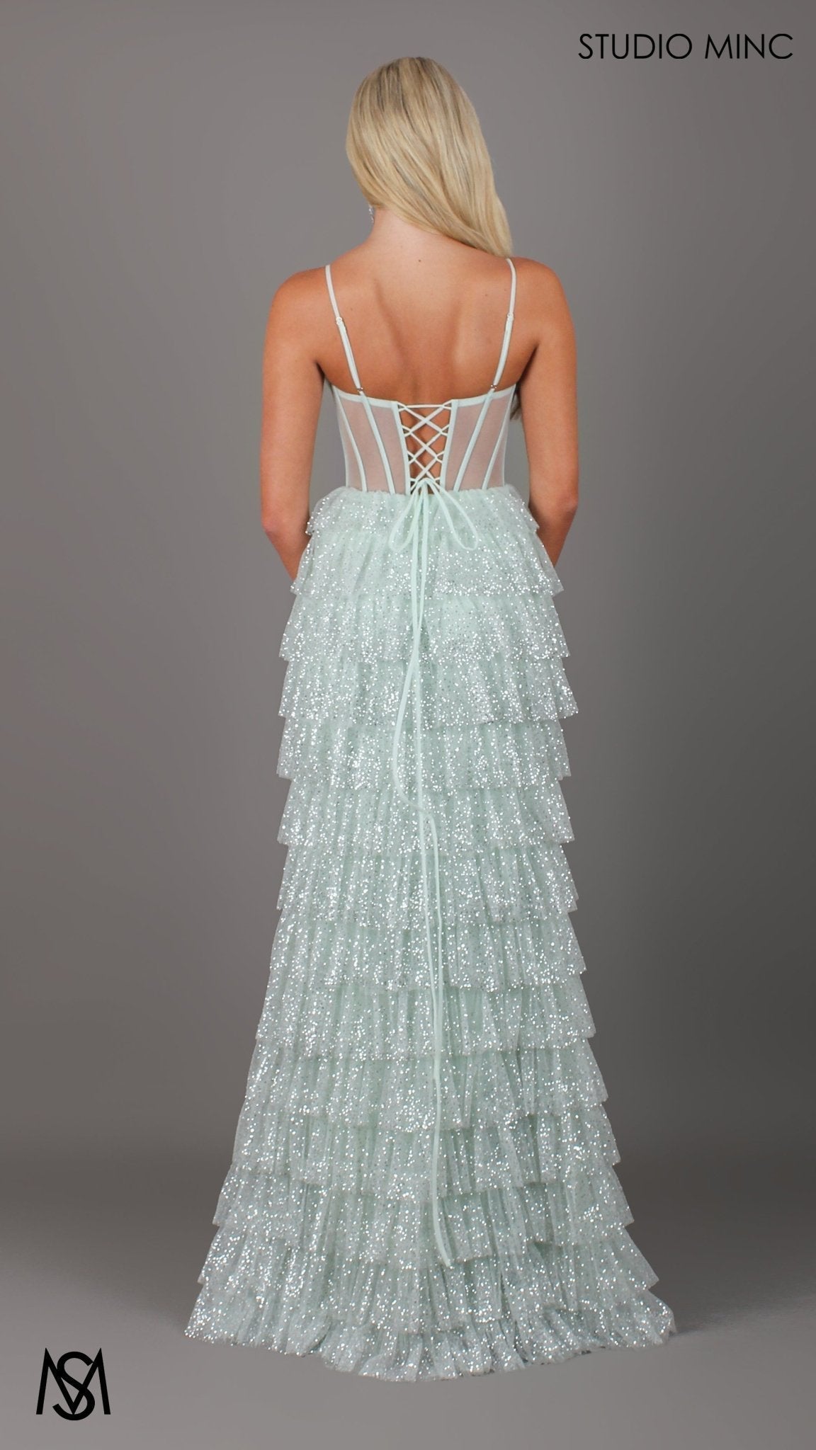 Maple - Light Sage Green Formal Dress | Sheer Corset layered glitter tulle leg slit