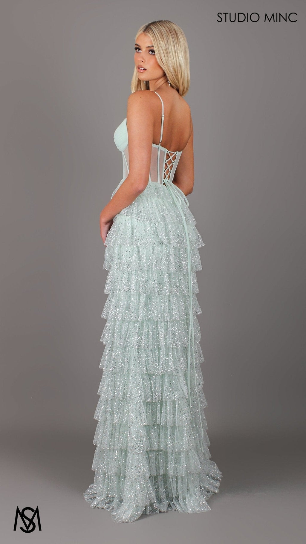 Maple - Light Sage Green Formal Dress | Sheer Corset layered glitter tulle leg slit
