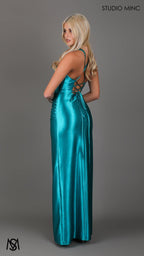 Sicily - Teal Formal Dress, Satin V Plunge neckline Cowl fitted backless leg slit