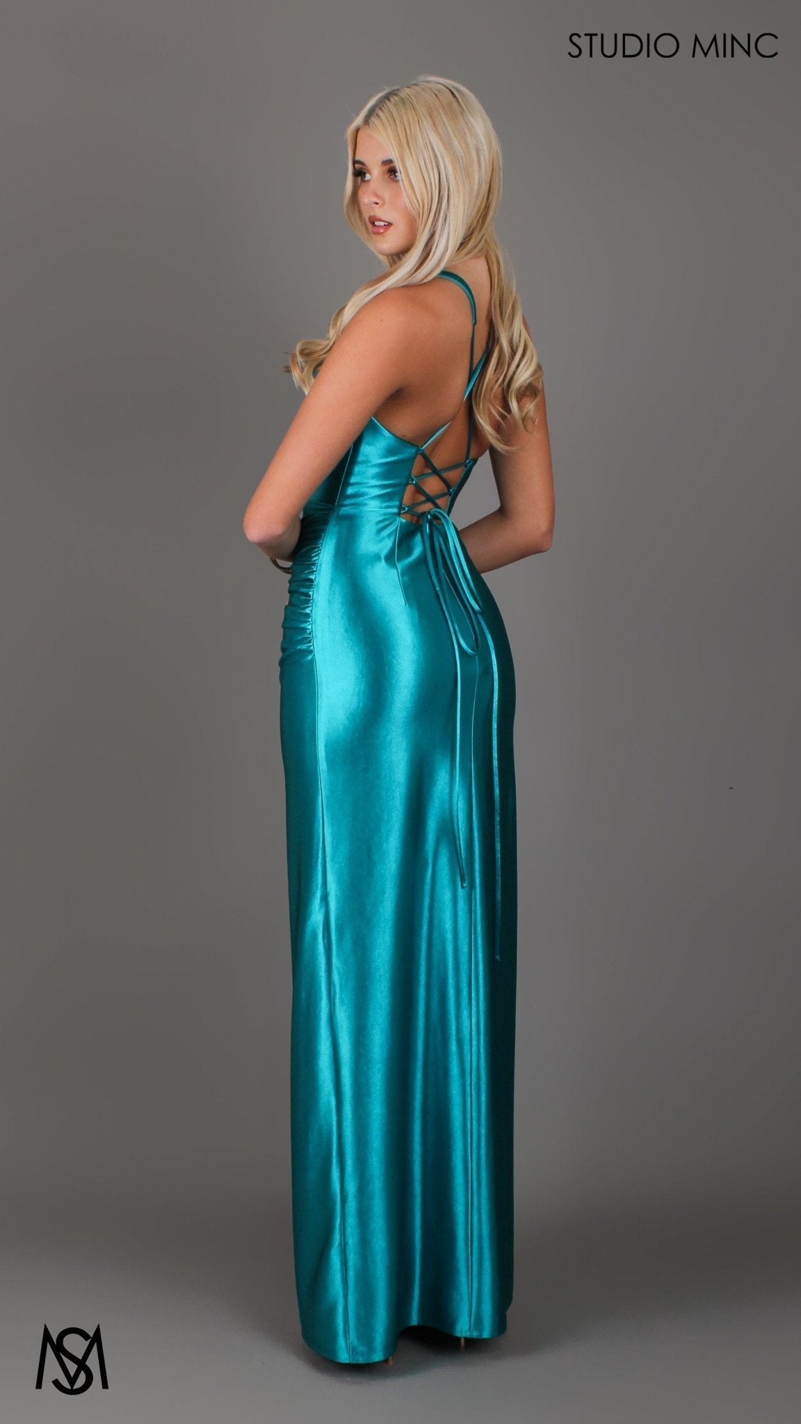 Sicily - Teal Formal Dress, Satin V Plunge neckline Cowl fitted backless leg slit