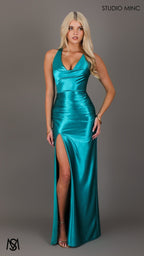Sicily - Teal Formal Dress, Satin V Plunge neckline Cowl fitted backless leg slit