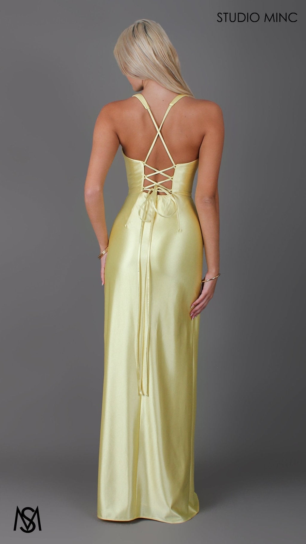 Sicily - Yellow Formal Dress, Satin V Plunge neckline Cowl fitted backless leg slit