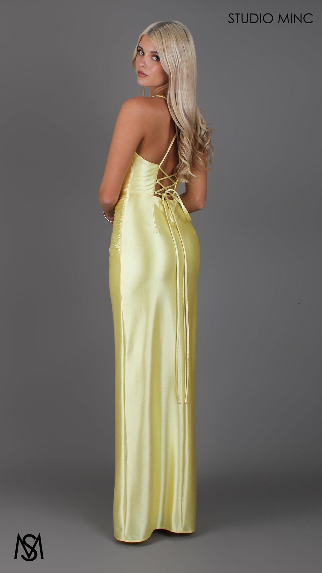 Sicily - Yellow Formal Dress, Satin V Plunge neckline Cowl fitted backless leg slit
