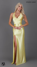 Sicily - Yellow Formal Dress, Satin V Plunge neckline Cowl fitted backless leg slit