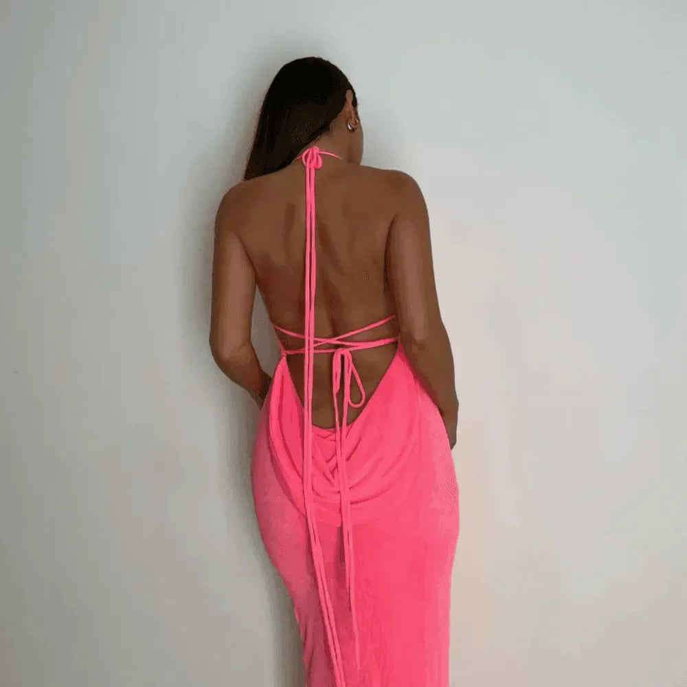 Silvana Draped Back Hot Pink Maxi Dress