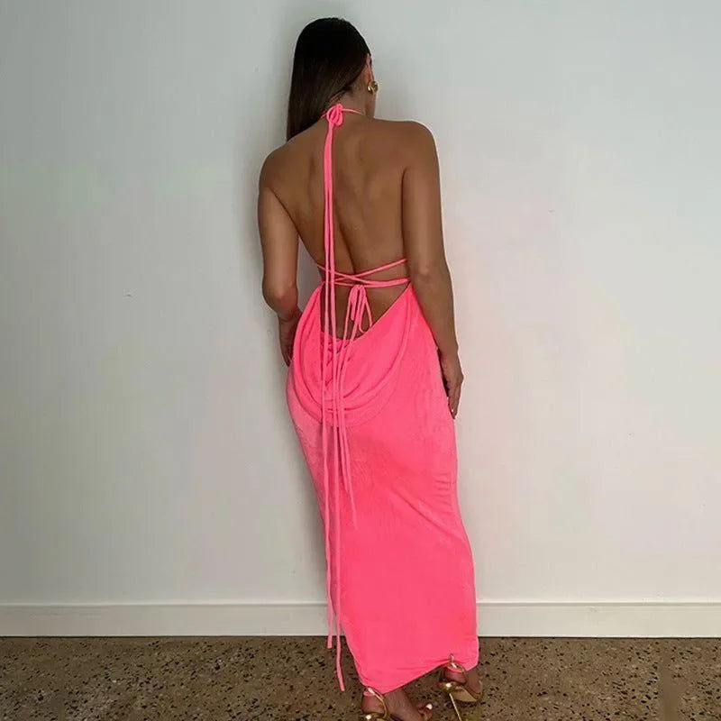 Silvana Draped Back Hot Pink Maxi Dress