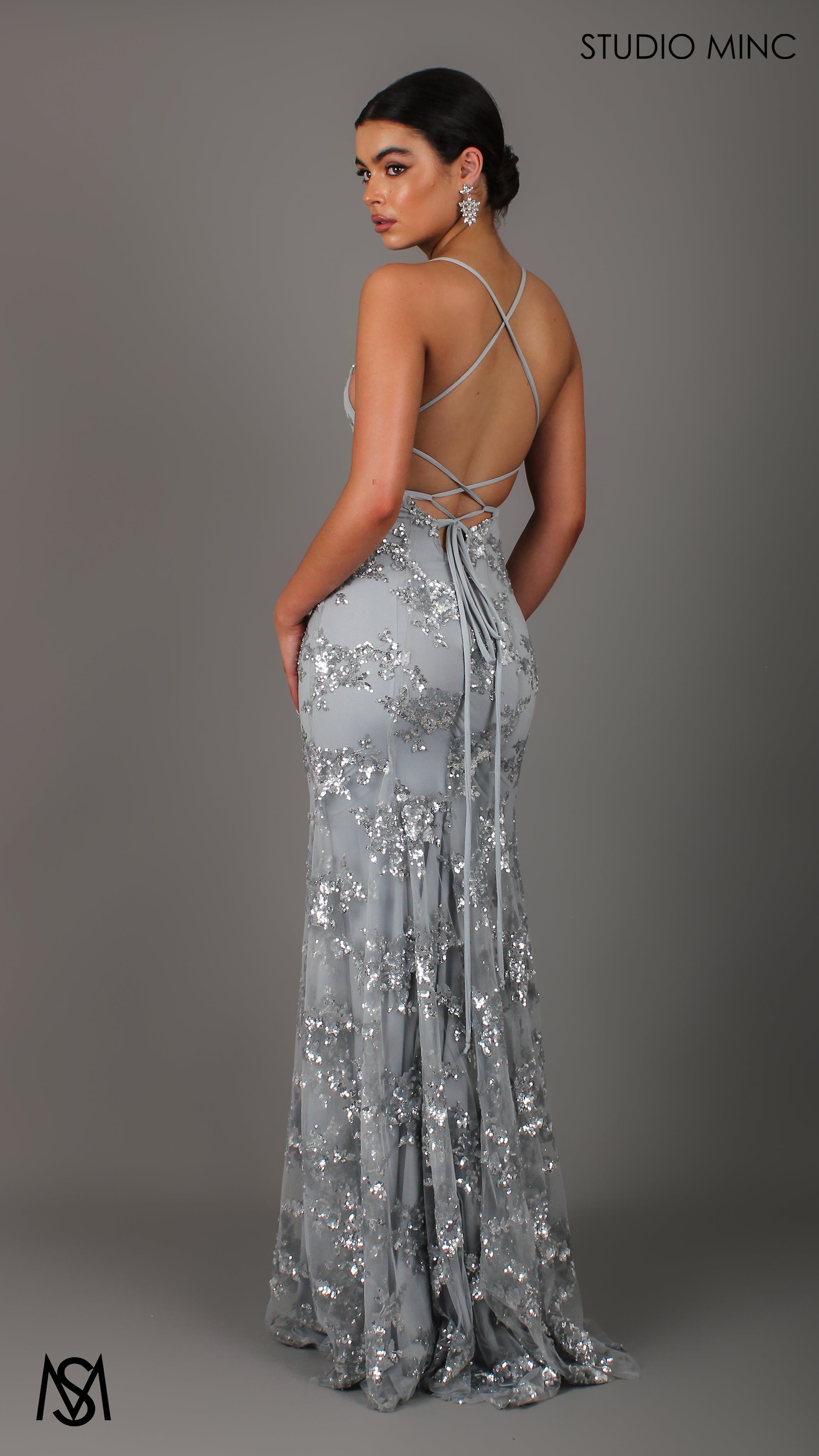 JADORE - Silver Formal Dress with Sequin Overlay & Backless Lace Up