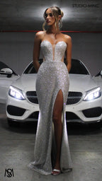 Luminous - Silver Formal Dress, Sequin beaded strapless corset net cut out backless lace up mermaid fishtail leg slit