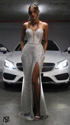 Luminous - Silver Formal Dress, Sequin beaded strapless corset net cut out backless lace up mermaid fishtail leg slit