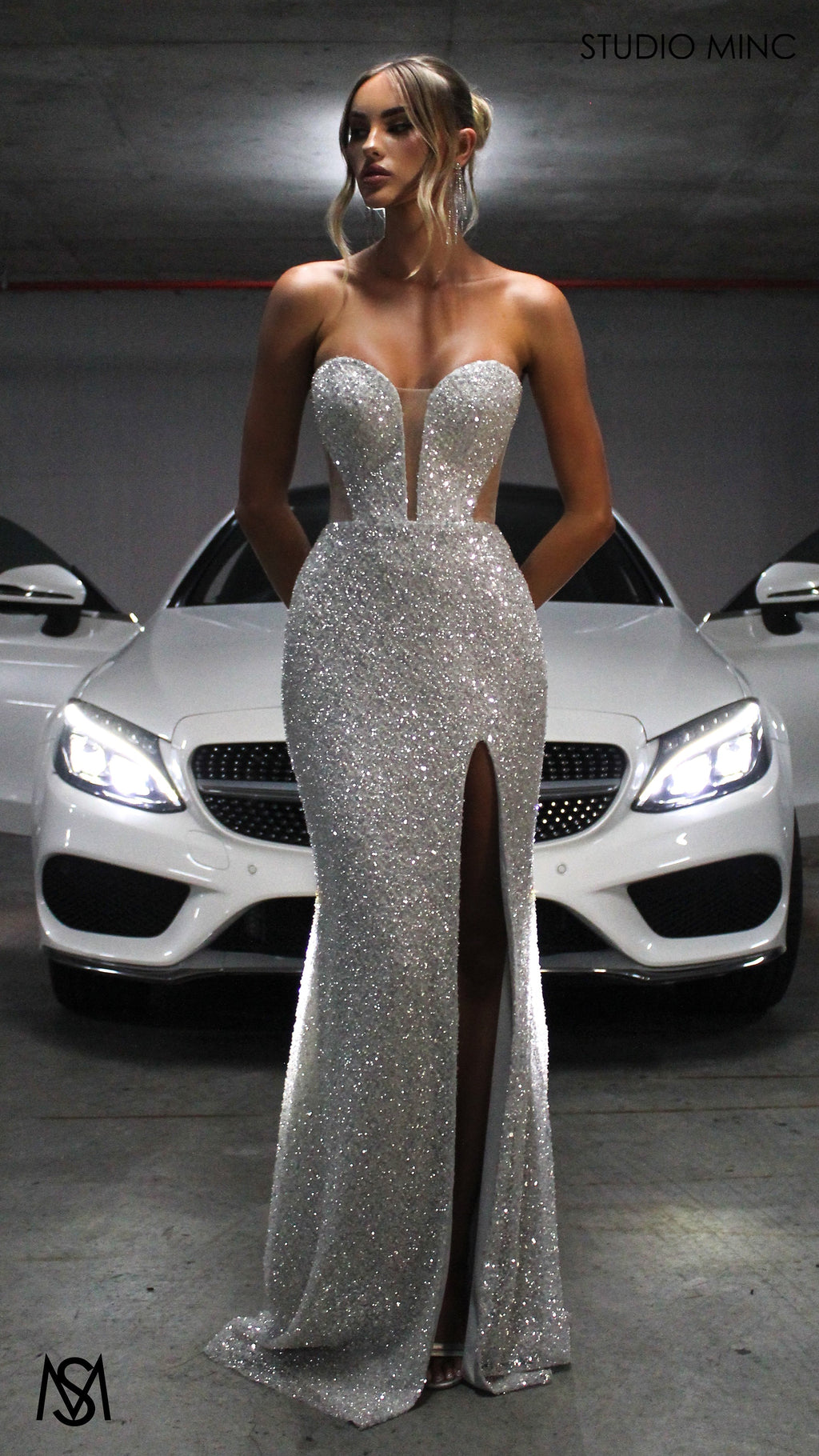 Luminous - Silver Formal Dress, Sequin beaded strapless corset net cut out backless lace up mermaid fishtail leg slit